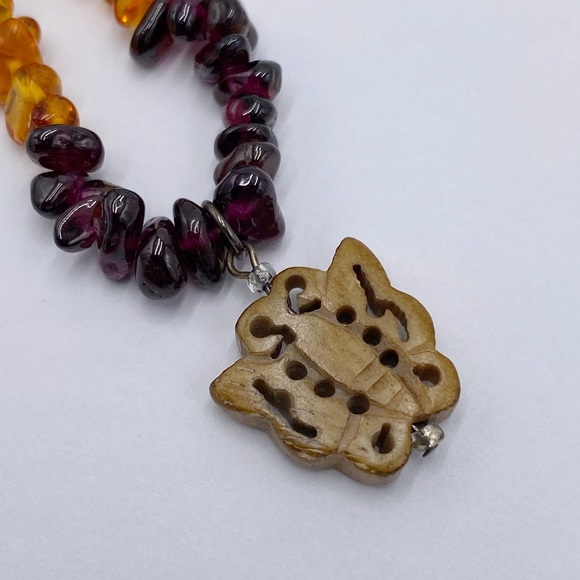 Sterling Silver Amber, Tiger Eye, Garnet Chip Beaded Necklace Butterfly Pendant - Picture 9 of 11